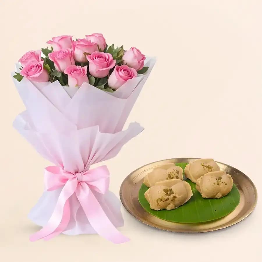 Jolbhora Sandesh from Balaram Mullick with Pink Rose Bouquet