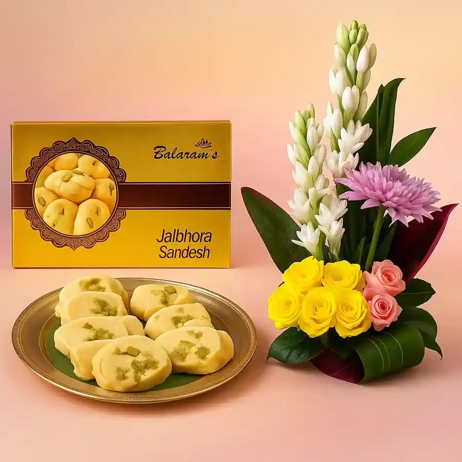 Jolbhora Sandesh from Balaram Mullick with Mixed Flower Arrangement