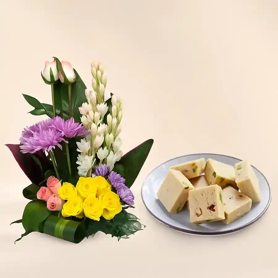 Badam Mewa from Chitale Bandhu Mithaiwale with a Mixed Flower Arrangement