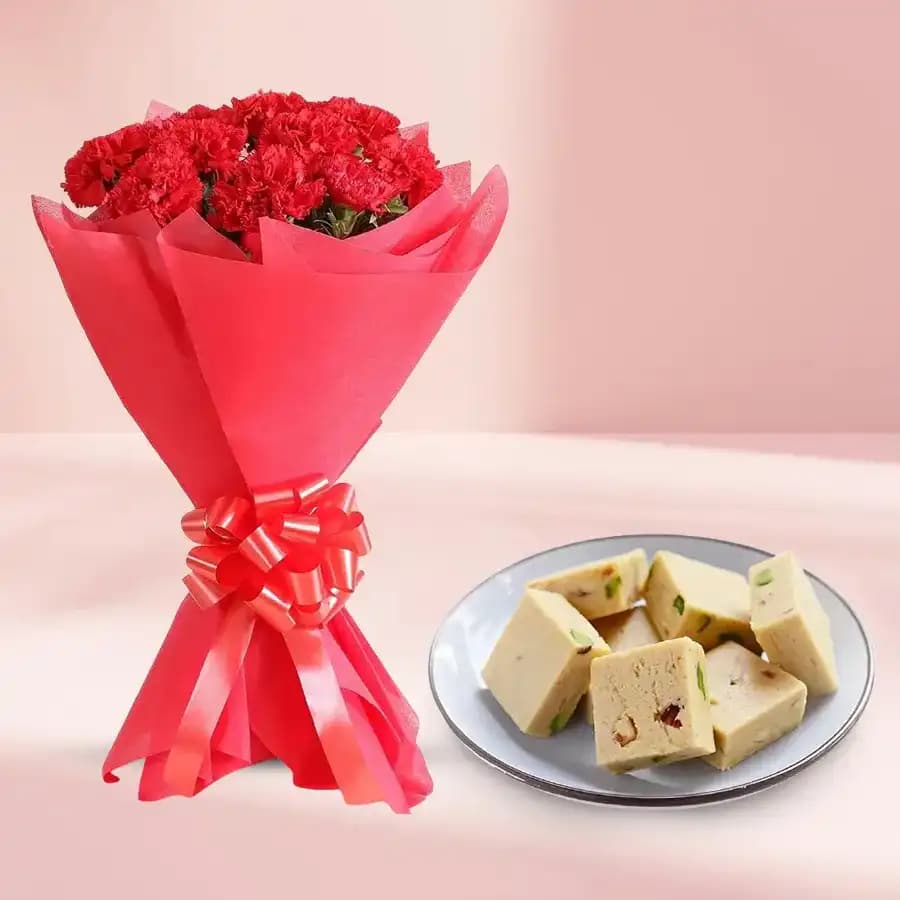 Badam Mewa from Chitale Bandhu Mithaiwale with Red Carnation Tissue Wrapped Bouquet
