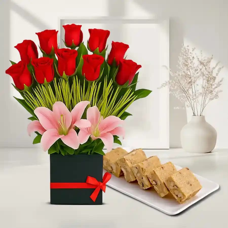 Badam Mewa from Chitale Bandhu Mithaiwale with a Designer Flower Arrangement