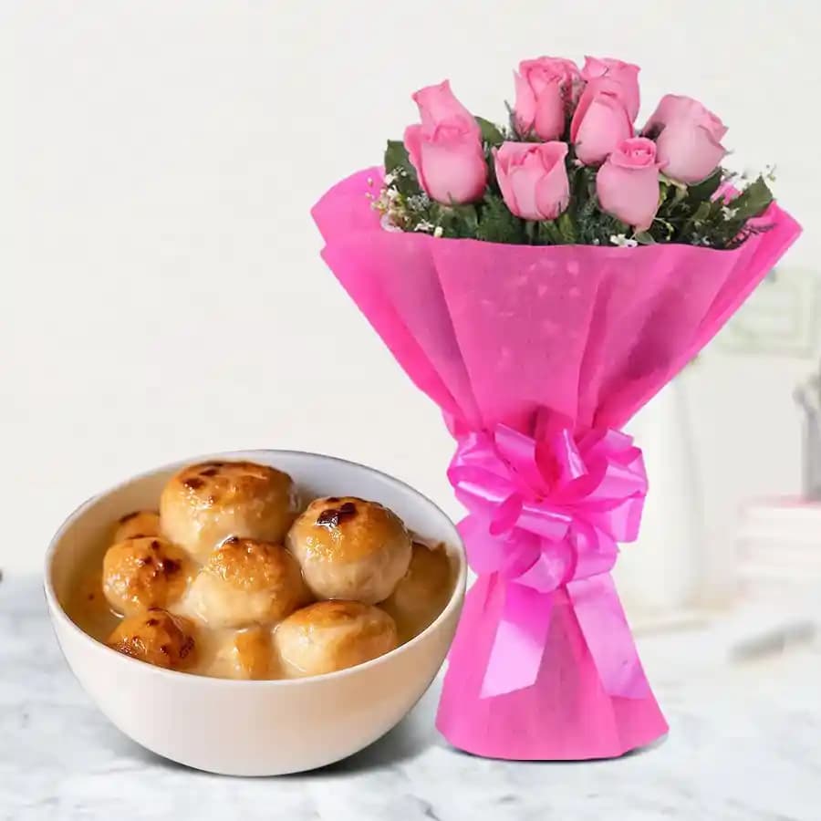 Baked Rasgulla from Balaram Mullick with Pink Rose Bouquet