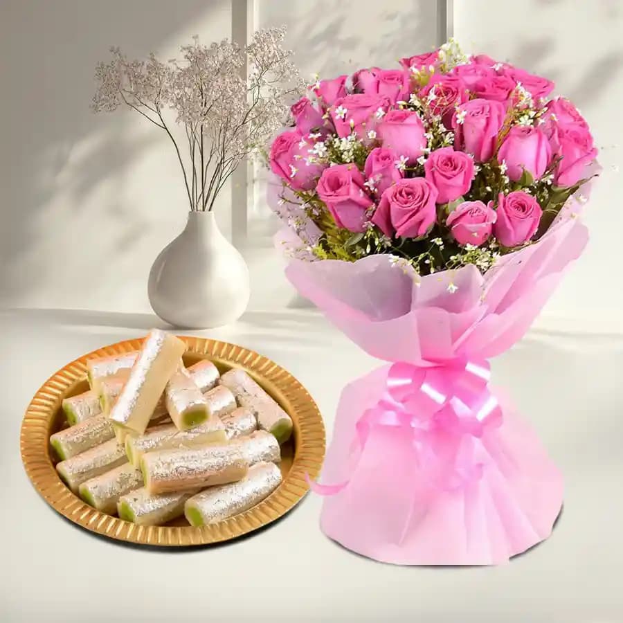 Amba Kaju Roll from Chitale Bandhu Mithaiwale with Pink Rose Bouquet