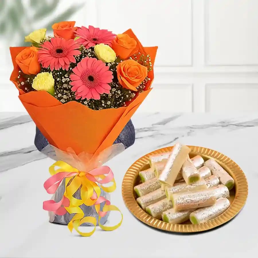 Amba Kaju Roll from Chitale Bandhu Mithaiwale with Seasonal Flower Bouquet