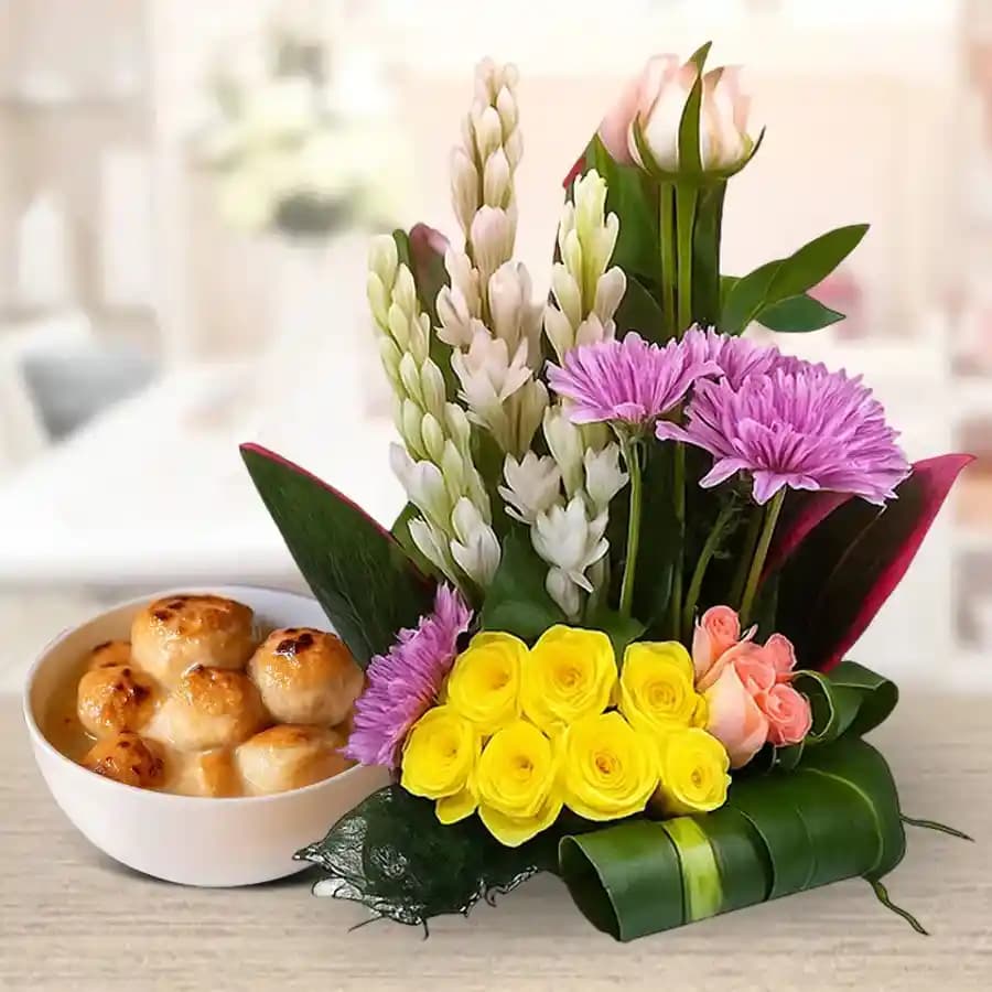 Baked Rasgulla from Balaram Mullick with Mixed Flower Arrangement