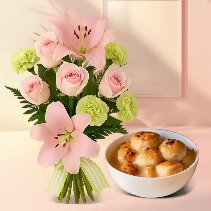 Baked Rasgulla from Balaram Mullick with Mixed Flowers Bouquet