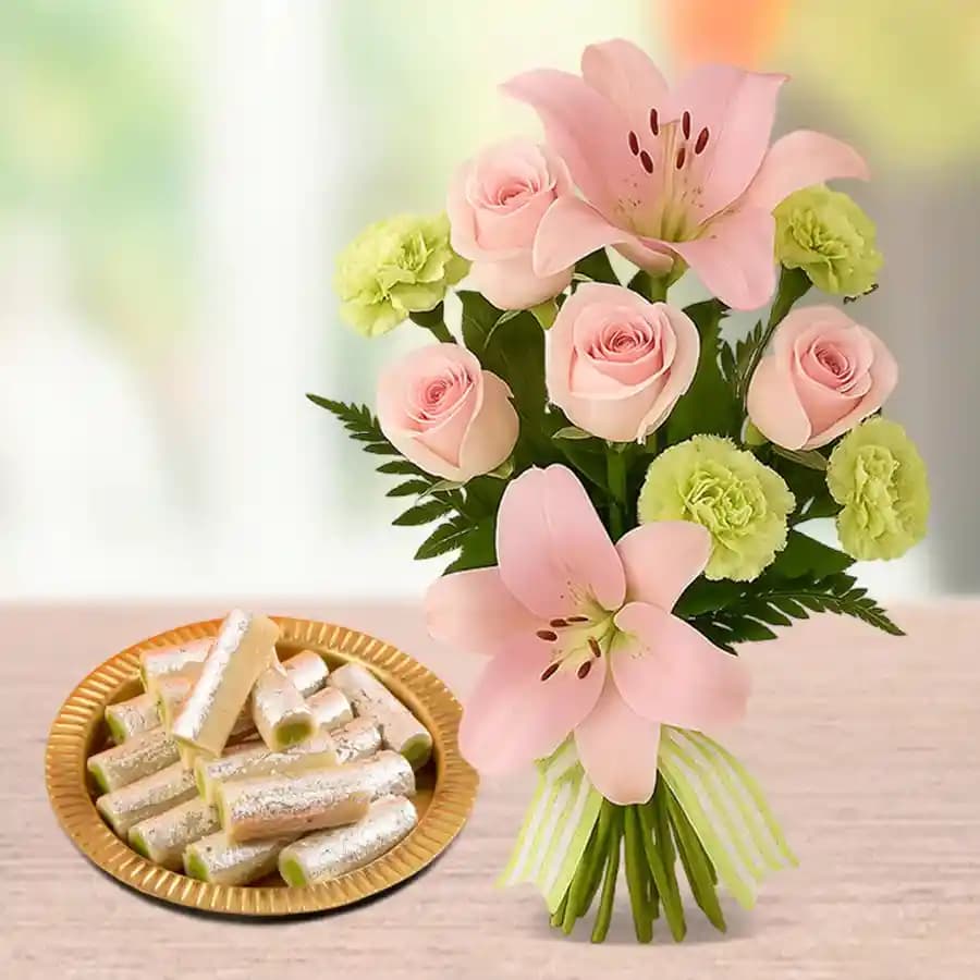 Amba Kaju Roll from Chitale Bandhu Mithaiwale with a Flowers Bouquet