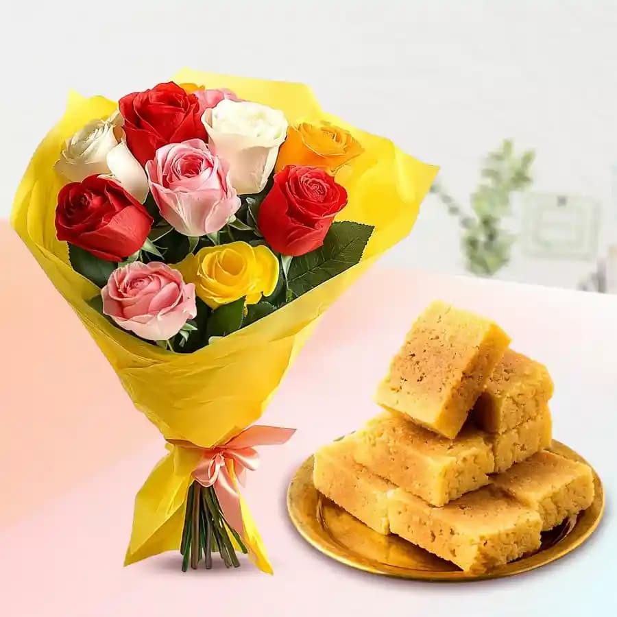 Mixed Roses N Mysore Pak Delight