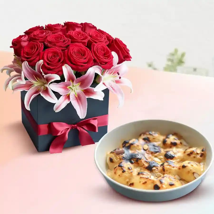 Baked Rasgulla from Balaram Mullick with Designer Flower Arrangement