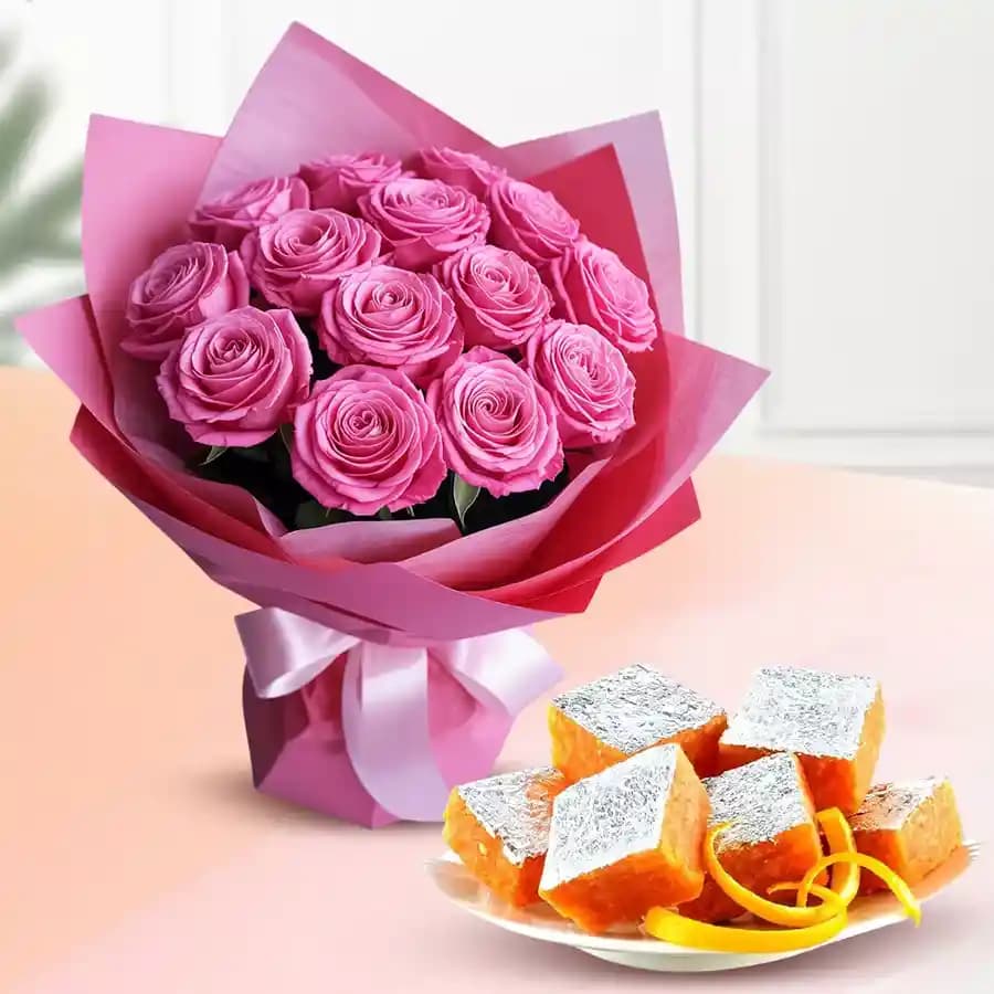 Orange Masti from Chitale Bandhu Mithaiwale with Pink Rose Bouquet