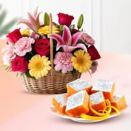Orange Masti from Chitale Bandhu Mithaiwale with a Mixed Flower Arrangement 1