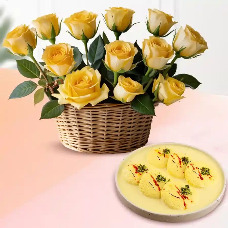 Yellow Roses N Rasmalai Extravaganza