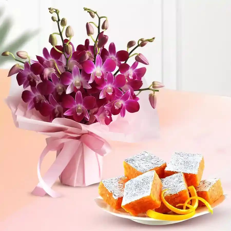 Orange Masti from Chitale Bandhu Mithaiwale with Orchid Bouquet