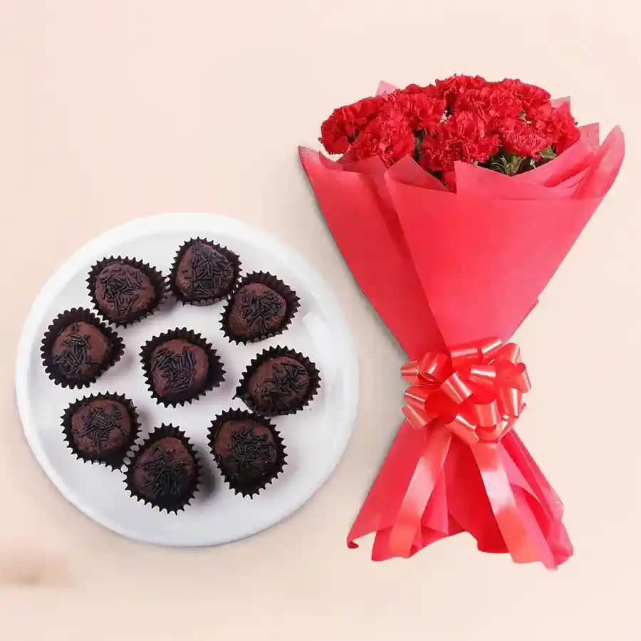 Chocolava from Balaram Mullick with Red Carnation Bouquet