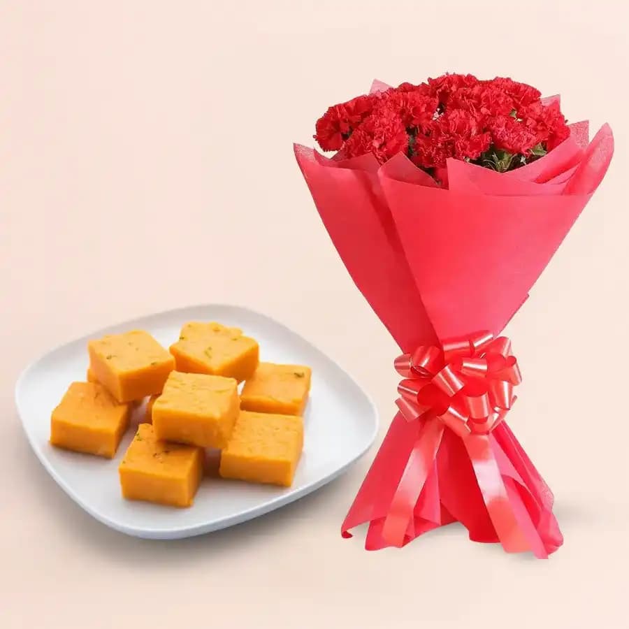 Orange Masti from Chitale Bandhu Mithaiwale with Red Carnation Tissue Wrapped Bouquet