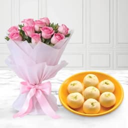 Jumbo Pedha from Chitale Bandhu Mithaiwale with Pink Rose Bouquet 1