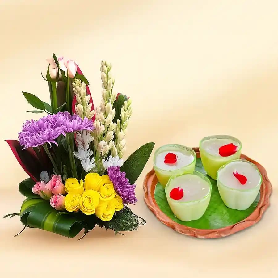Daab Sandesh from Balaram Mullick with Mixed Flower Arrangement
