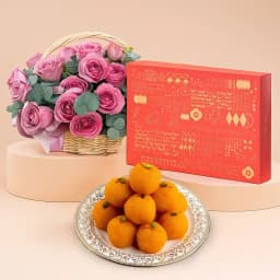 Pink Roses N Yummy Laddus Indulgence 1