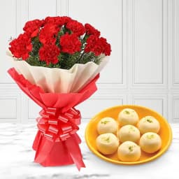 Jumbo Pedha from Chitale Bandhu Mithaiwale with Red Carnation Tissue Wrapped Bouquet 1