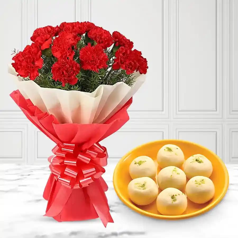 Jumbo Pedha from Chitale Bandhu Mithaiwale with Red Carnation Tissue Wrapped Bouquet