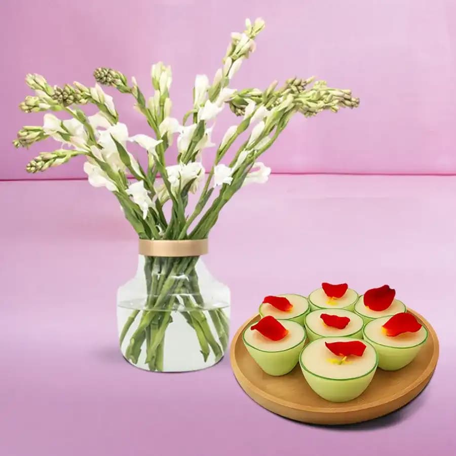 Daab Sandesh from Balaram Mullick with Rajnigandha Stems