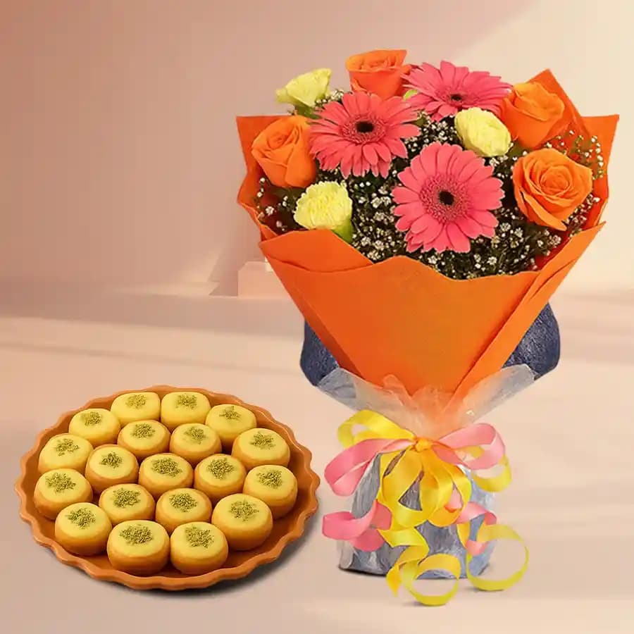 Immunity Sandesh from Balaram Mullick with Seasonal Flower Bouquet