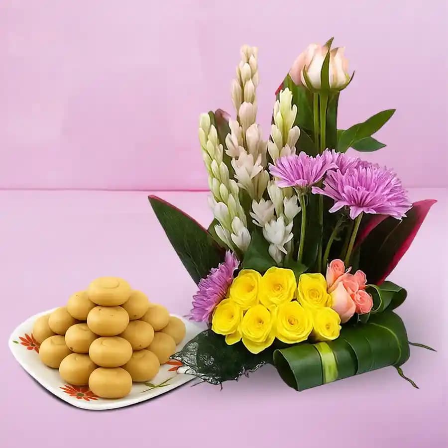Sakhari Pedha from Chitale Bandhu Mithaiwale with a Mixed Flower Arrangement