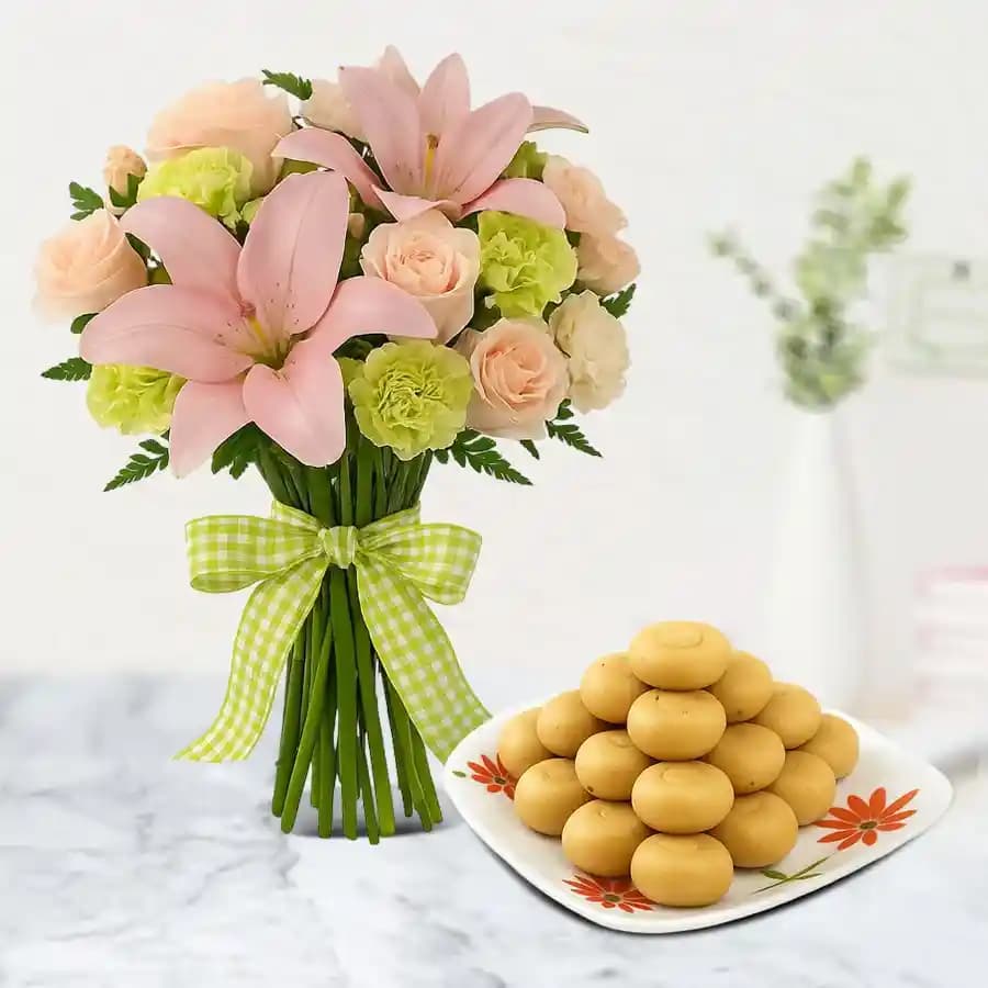 Sakhari Pedha from Chitale Bandhu Mithaiwale with a Flowers Bouquet