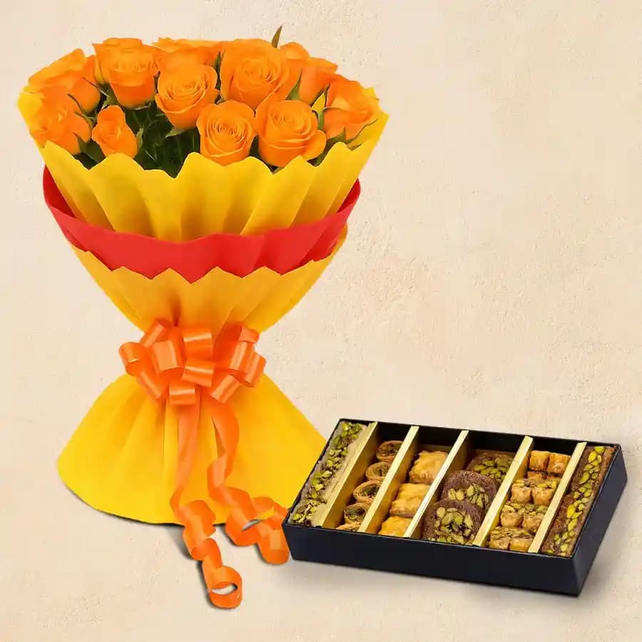 Orange Roses N Baklava Bliss