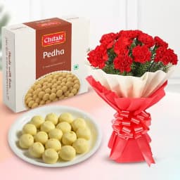 Sakhari Pedha from Chitale Bandhu Mithaiwale with Red Carnation Tissue Wrapped Bouquet 1