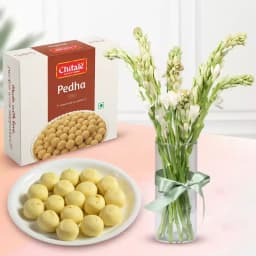 Sakhari Pedha from Chitale Bandhu Mithaiwale with Rajnigandha Stems in Glass Vase 1