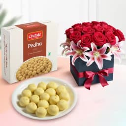 Sakhari Pedha from Chitale Bandhu Mithaiwale with a Designer Flower Arrangement 1