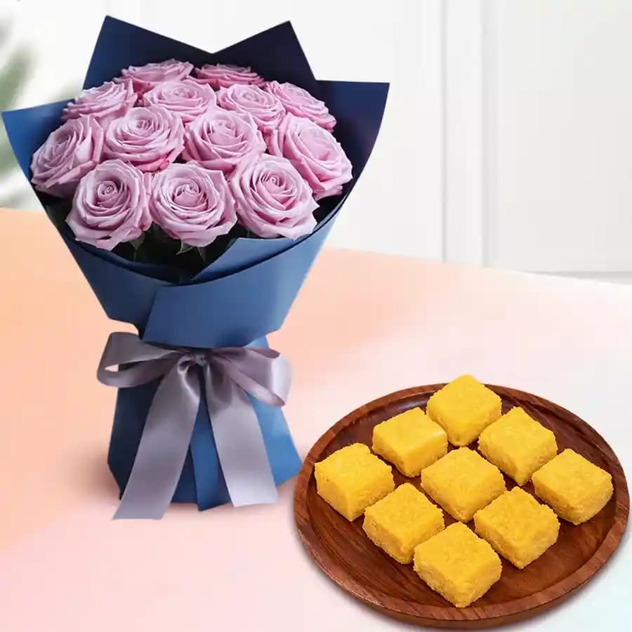 Mango Malai Barfi from Karachi Sweet Mart with Pink Rose Bouquet