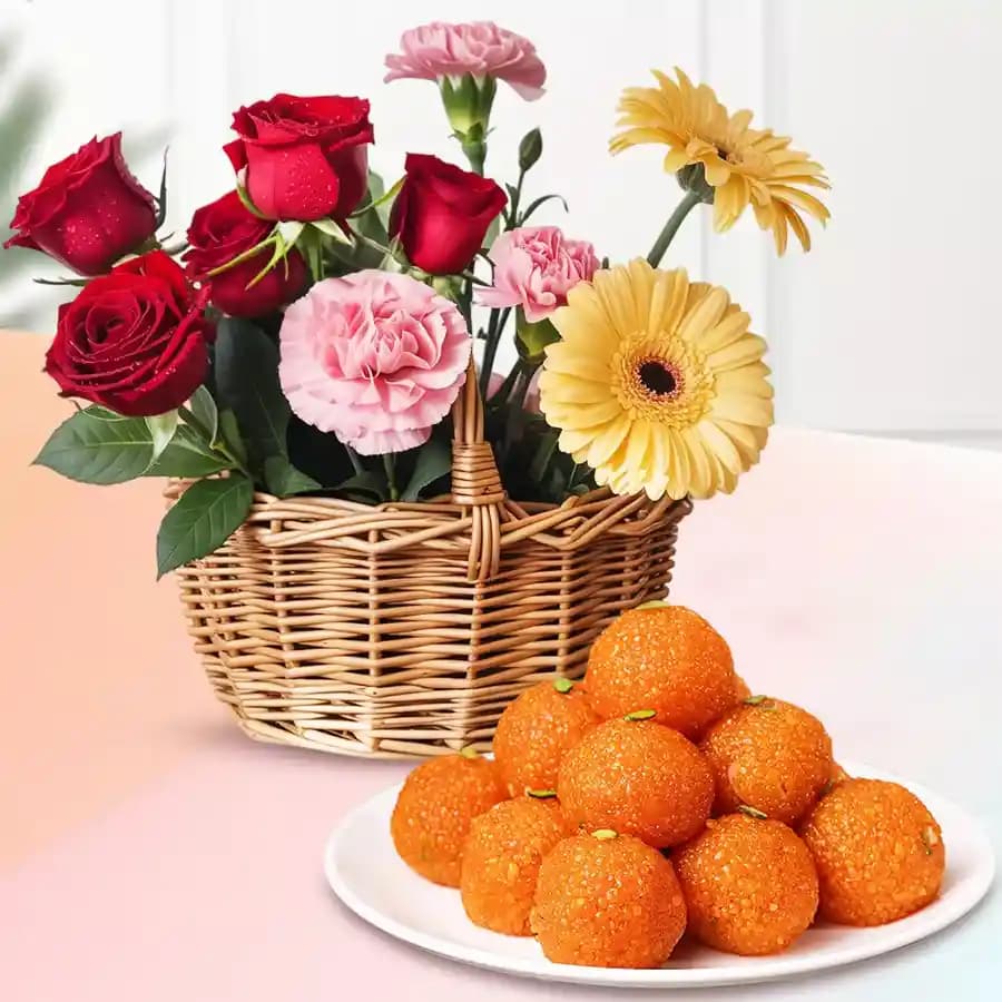 Mixed Flower Delight with Laddus