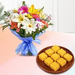 Mango Malai Barfi from Karachi Sweet Mart with Seasonal Flower Bouquet 1
