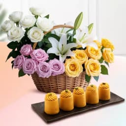 Nolen Gurer Maharani Sandesh from Ganguram with Mixed Flower Arrangement 1