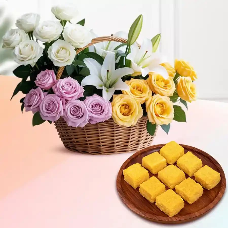 Mango Malai Barfi from Karachi Sweet Mart with a Mixed Flower Arrangement