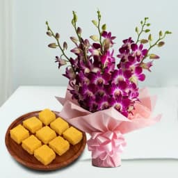 Mango Malai Barfi from Karachi Sweet Mart with Orchid Bouquet 1