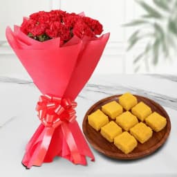 Mango Malai Barfi from Karachi Sweet Mart with Red Carnation Tissue Wrapped Bouquet 1