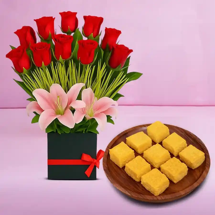 Mango Malai Barfi from Karachi Sweet Mart with a Designer Flower Arrangement