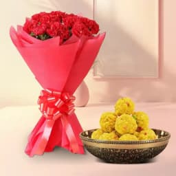Charming Red Carnations N Boondi Laddu 1
