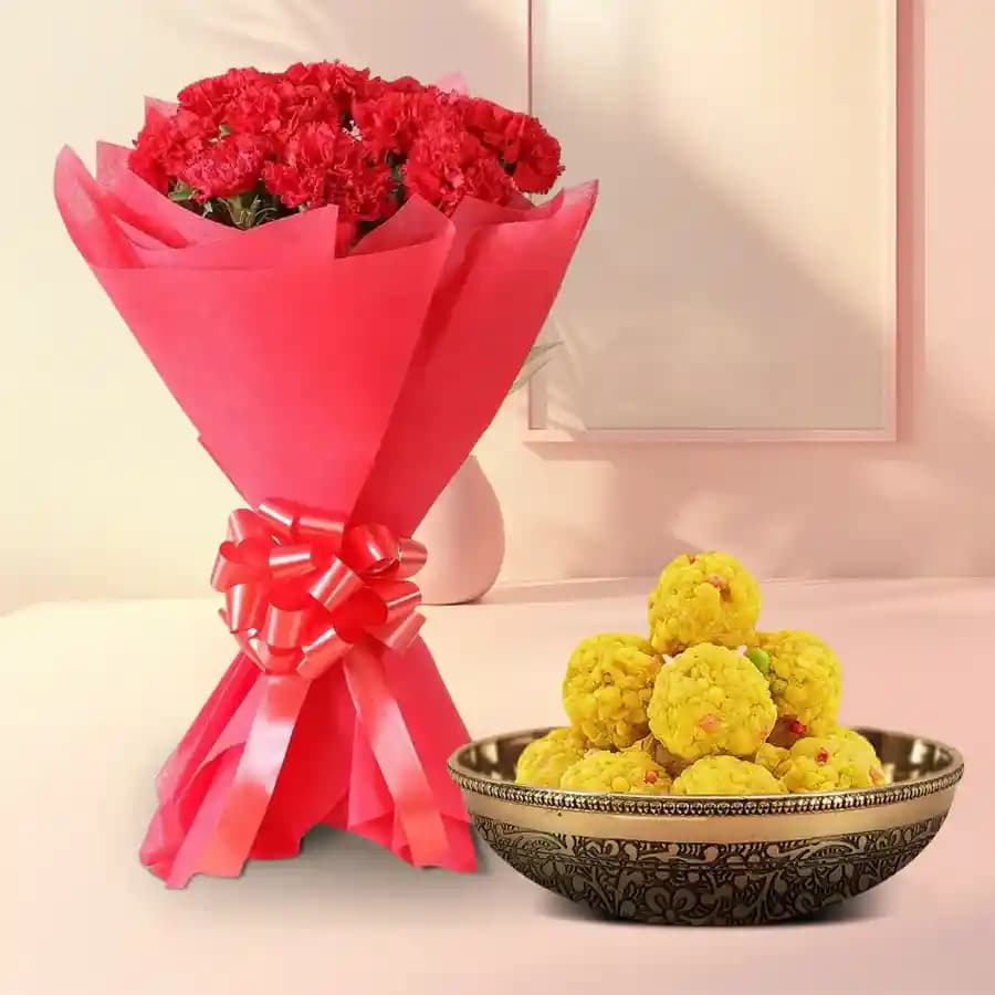 Charming Red Carnations N Boondi Laddu