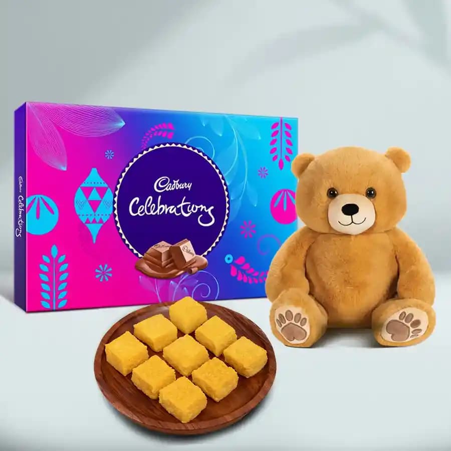 Mango Malai Barfi from Karachi Sweet Mart with Teddy N Cadbury Celebration