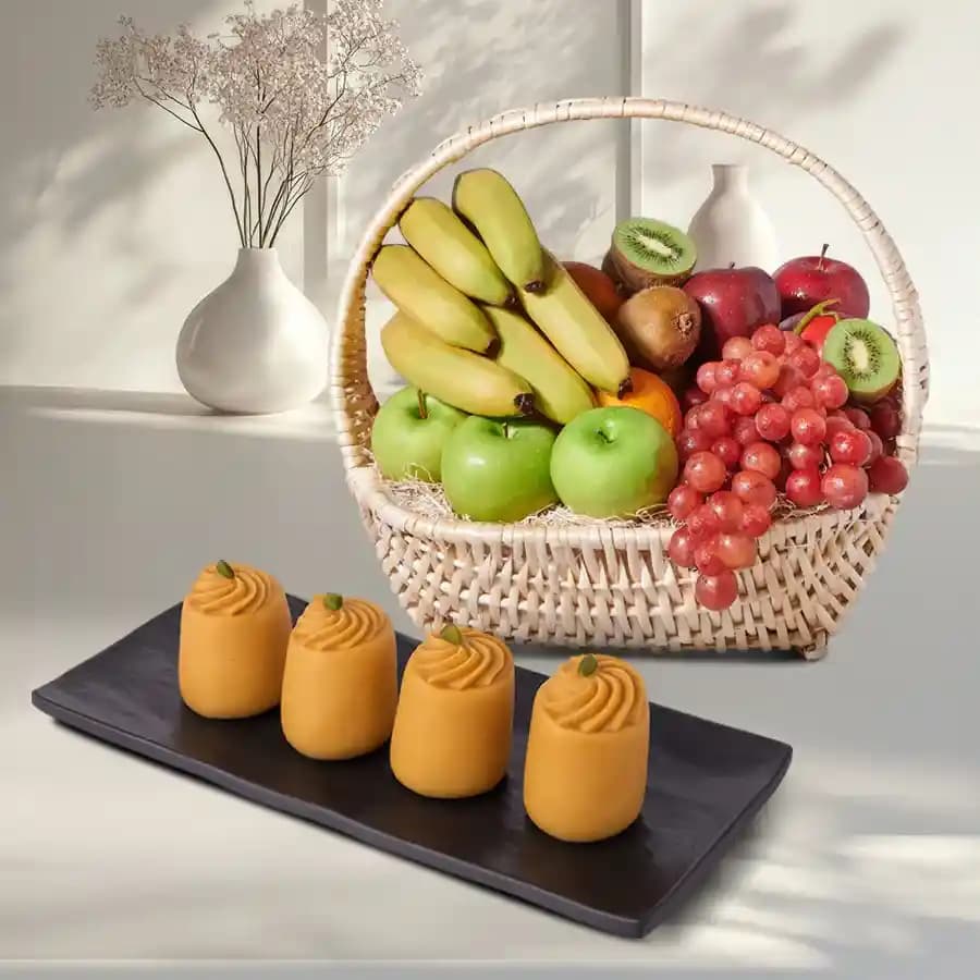 Nolen Gurer Maharani Sandesh from Ganguram with Fresh Fruit Basket