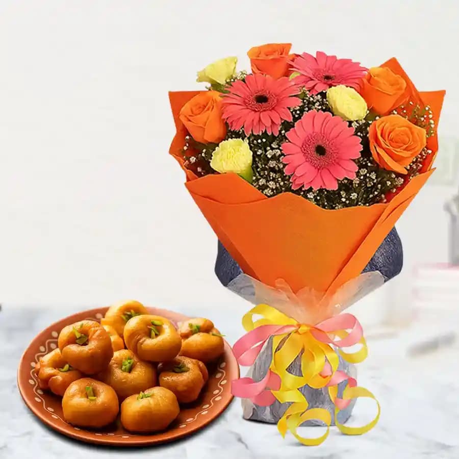 Balushahi from Karachi Sweet Mart with Seasonal Flower Bouquet