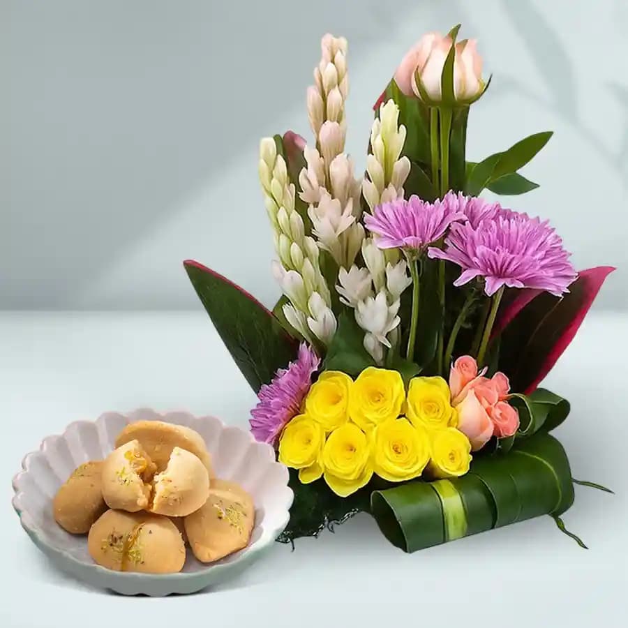 Nolen Gurer Jalbhara Sandesh from Ganguram with Mixed Flower Arrangement