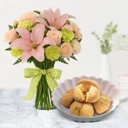 Nolen Gurer Jalbhara Sandesh from Ganguram with Mixed Flowers Bouquet 1