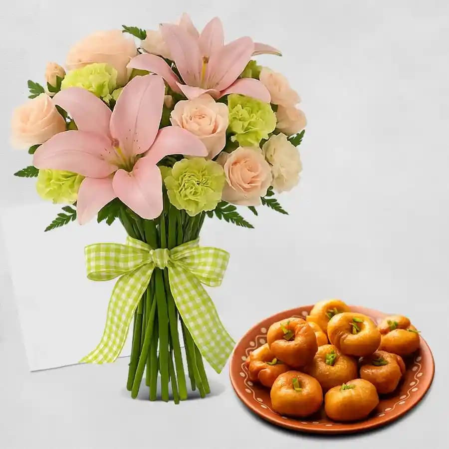 Balushahi from Karachi Sweet Mart with a Mixed Flowers Bouquet