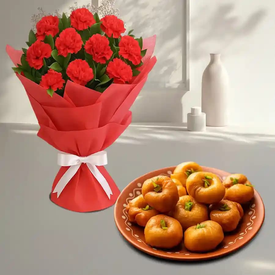 Balushahi from Karachi Sweet Mart with Red Carnation Tissue Wrapped Bouquet