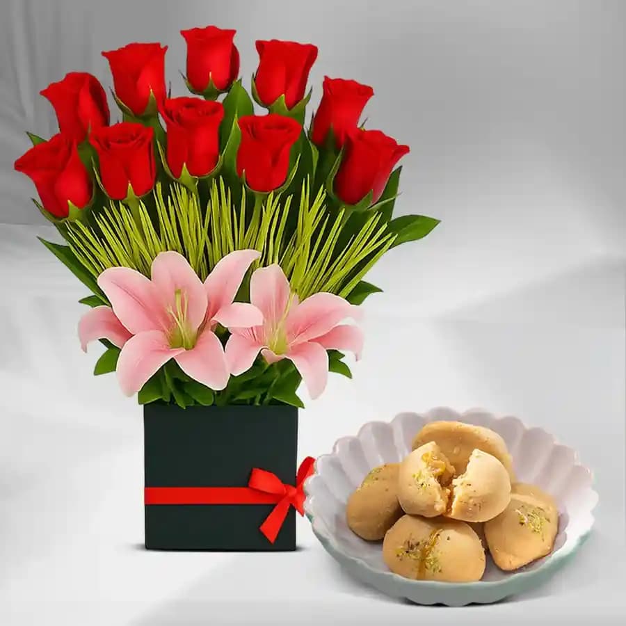 Nolen Gurer Jalbhara Sandesh from Ganguram with Designer Flower Arrangement